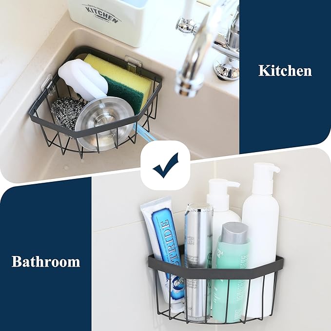 Sea Team Adhesive Corner Caddy, Sink Organizer, Soap, Drain Plug, Sponge Holder, Multifunctional Rustproof Carbon Steel Storage Basket, Wall Mounted Shelf Rack for Kitchen, Bathroom, Charcoal