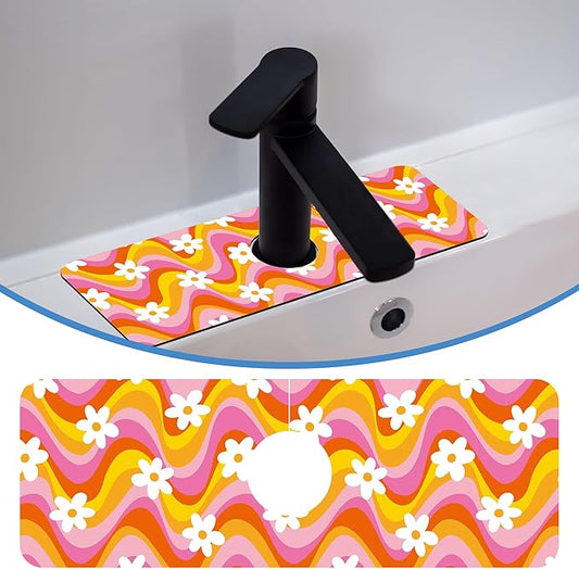 Faucet Mat Splash Guard Retro Floral Daisy, Soft Diatom Mud Material, Strong Water Absorption, Non-slip,Easy to Clean for Bathroom, Kitchen 15"X5.5"