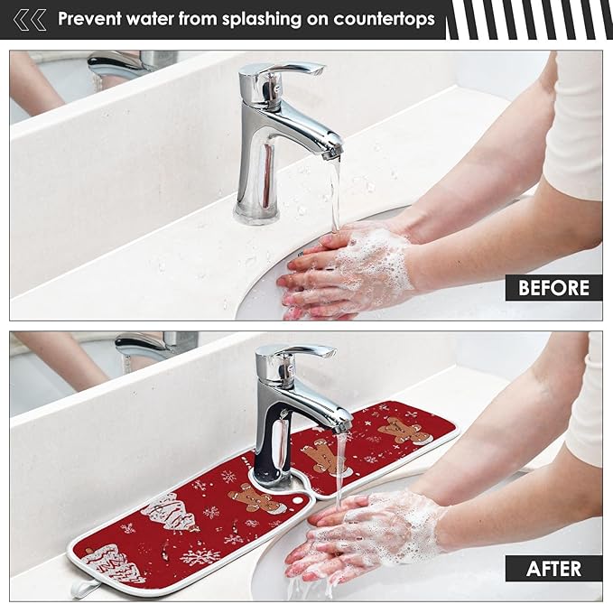 2 PCS Kitchen Sink Splash Guard 23.6 Inch Faucet Mat for Kitchen Sink Bathroom Sink Faucet Absorbing Drip Drain Mat Pad Microfiber Soft Washable Red Christmas Gingerbread Snowflakes