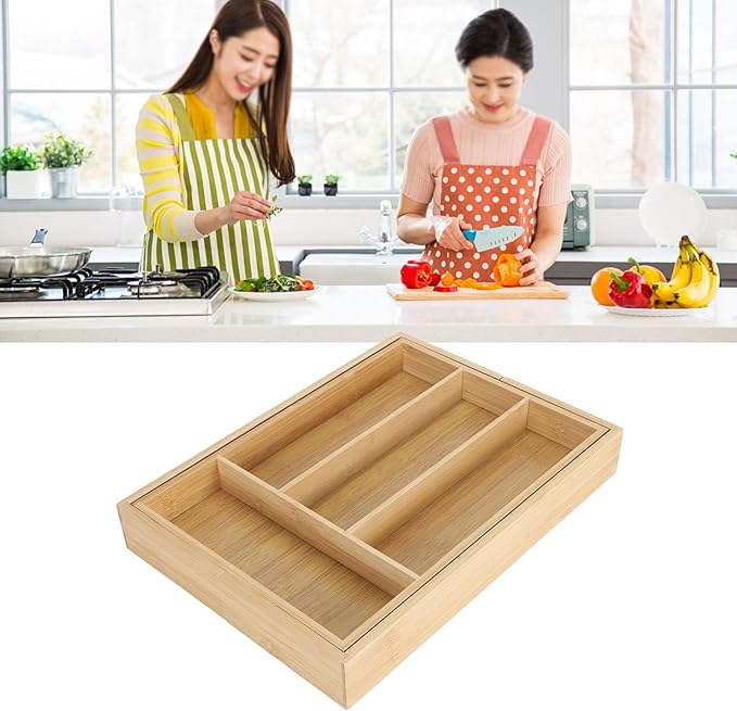 Kitchen Silverware Organizer Expandable for Cutlery and Utensils, Adjustable Wood Utensil Storage Cutlery Tray for Drawers, Kitchen Drawer Organizer Utensil Holder Makeup Organizer with(6 Slots)