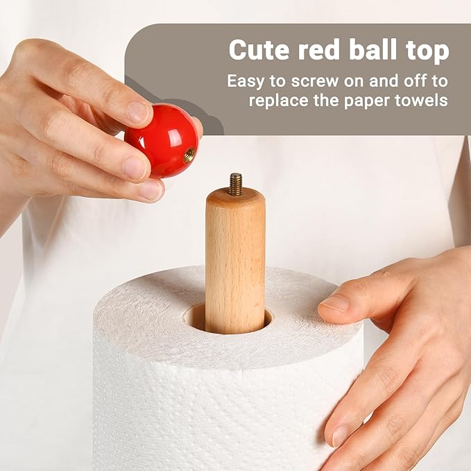 Paper Towel Holder, Wooden Kitchen Roll Stand (Red Ball)