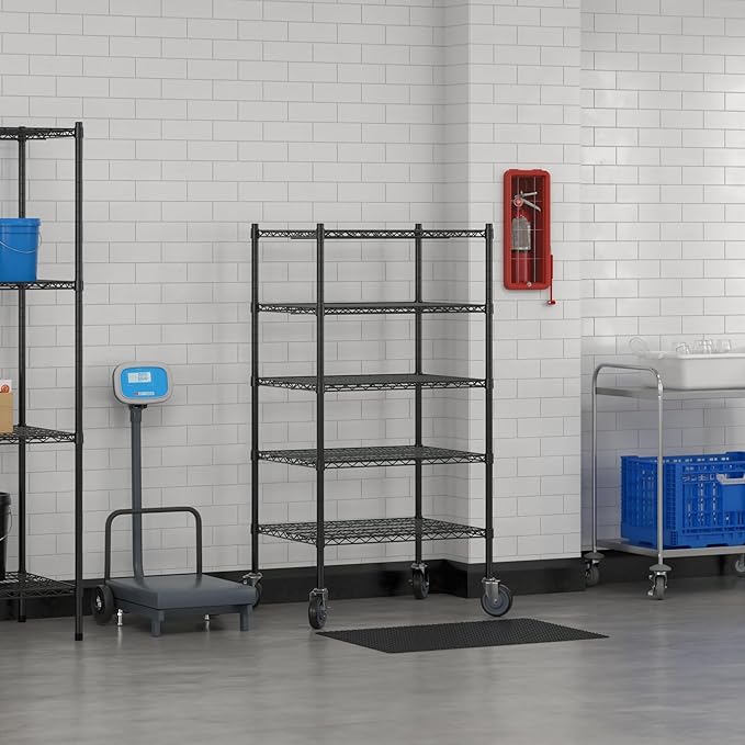 Commercial NSF Listed Black Epoxy Mobile Wire Shelving Kit 24" x 30" x 60", with 5 Shelves Perfect for Warehouse, Walk-in Refrigerator, Freezer, Grocery Store, Restaurant, Dishroom