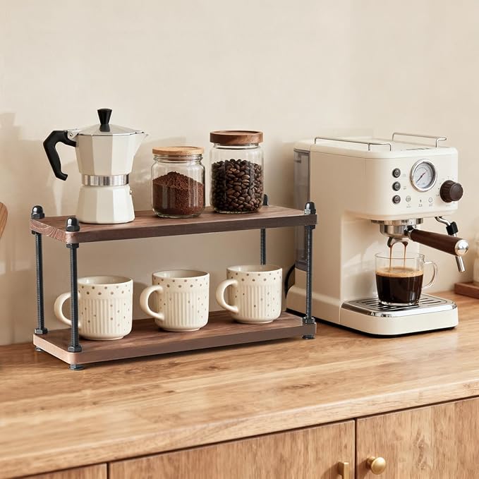 Mkono Coffee Station Organizer Wooden Mug Holder for Countertop Cup and Mug Shelf for Coffee Bar Accessories Rustic Matcha Stand 2 Tier Storage and Display Rack for Tea Cups Kitchen Office