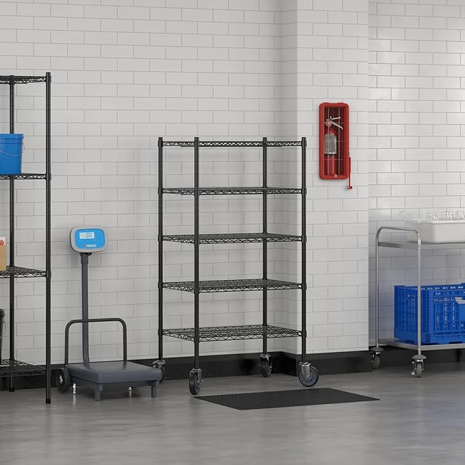 Commercial NSF Listed Black Epoxy Mobile Wire Shelving Kit 21" x 30" x 60", with 5 Shelves Perfect for Warehouse, Walk-in Refrigerator, Freezer, Grocery Store, Restaurant, Dishroom