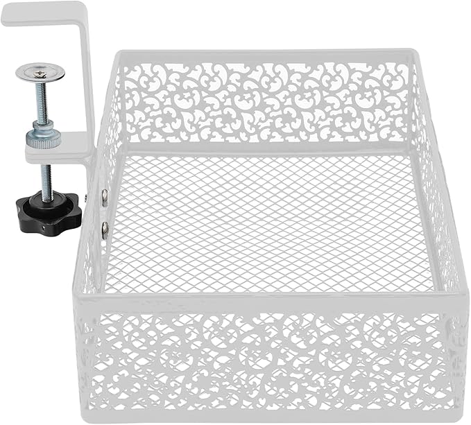 360° Rotatable Under Desk Storage Basket, Clamp-On Slide-Out Organizer for Office Desk, 12×8×4 in Metal Mesh Tray, Movable Pen File Headphone Holder, No-Drill Swivel Hanger, Under Table Shelf
