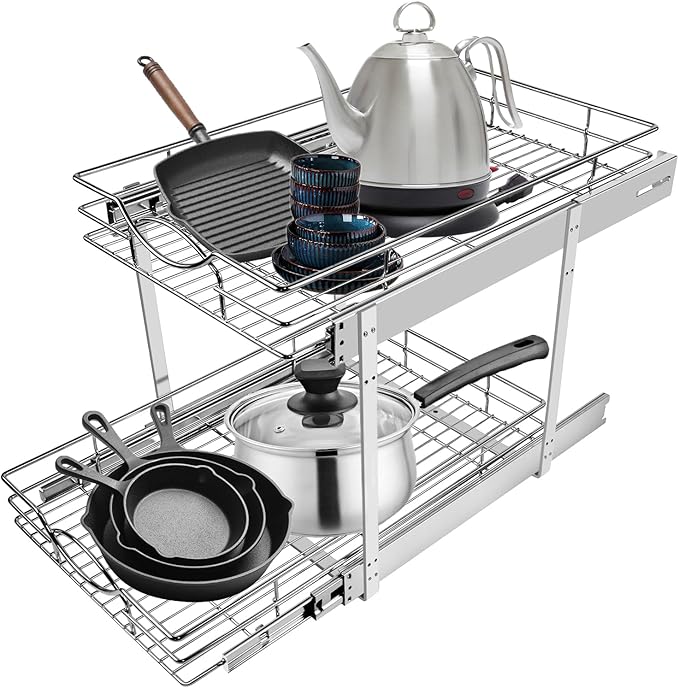 Pull Out Cabinet Organizer 20" W x 21" D 2-Tier Individual Slide Out Drawer Pantry Shelf Storage for Kitchen Base Cabinet Organization for Kitchen, Bathroom, Pantry, Chrome