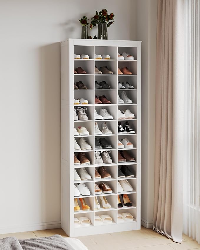 Shoe Storage Cabinet, 36 Pairs Free Standing Closet Organizer, 9 inch Widened Cell Wood Shoe Organizer, 12 Tiers Vertical Space Saving Shoe Rack for Entryway, Cloakroom, White SR20703X