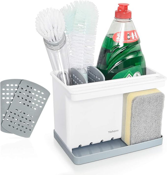 YOHOM 2-in-1 Sink Caddy with Sink Drain Tray & 4 Adjustable Dividers for Kitchen Sponge & Brush Holder