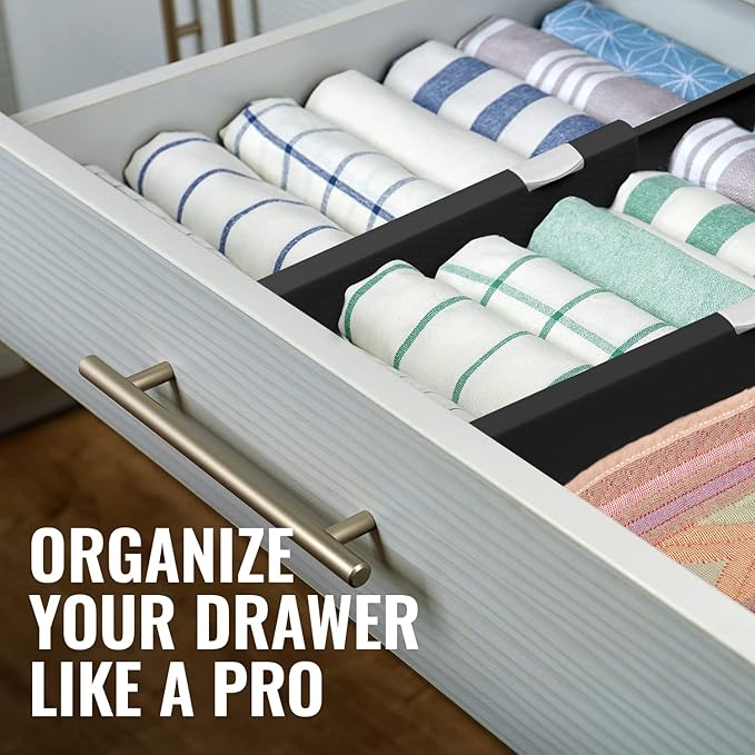 RAPTUROUS Adjustable Drawer Dividers 6 Pack, 4” High, 11-17” Long, Dresser Drawer Organizer for Bedroom, Closet, Kitchen, Nursery, Office, Strong Hold, Soft Foam Edges, Black