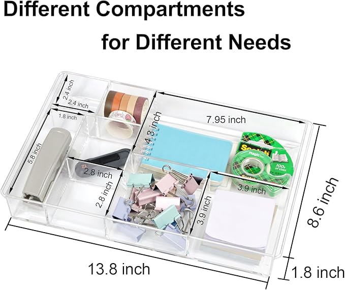 8-Section Clear Drawer Organizer, Large Acrylic Drawer Divider Tray for Desk,Bathroom,Office Makeup,Junk, Plastic Drawers Organizer 13.7" x 8.7" x 2" (8-Section)