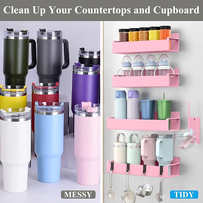 HuggieGems Magnetic Water Bottle Holder for Refrigerator, Cup Holder Organizer for Stanley and Tumbler for Kitchen, 4 Pack, Pink