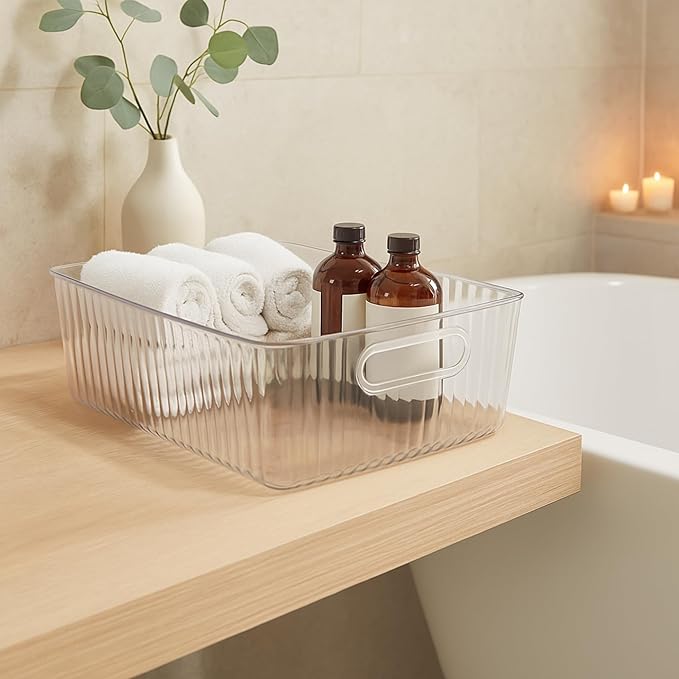 Oggi Clear Fluted Storage Bin with Handle - Durable Plastic Organizer for Fridge, Pantry, Cabinets & Countertop, Modern Farmhouse Style, Ideal for Kitchen Organization and Storage, 11.75" x 8.25"