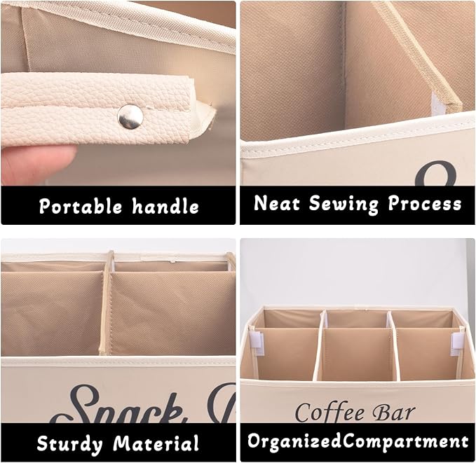 Snack Organizer for Countertop, Snack Basket with Adjustable Compartments via Velcro, 6 Compartment Food Container, Basket for Snacks with PU Handles, Beige