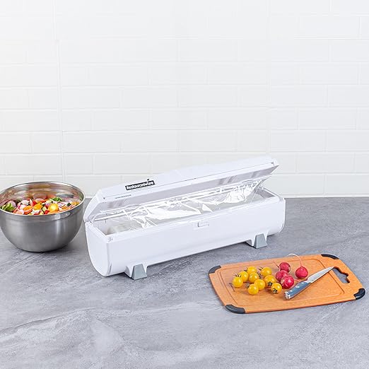 Restaurantware-Chef 101 Food Wrap Dispenser with Cutter, 1 Refillable Cling Wrap Dispenser - Fits 12â€ to 18â€ x 2000â€™ Rolls, Press Down and Cut, White Plastic Aluminum Foil, Sharp Blade