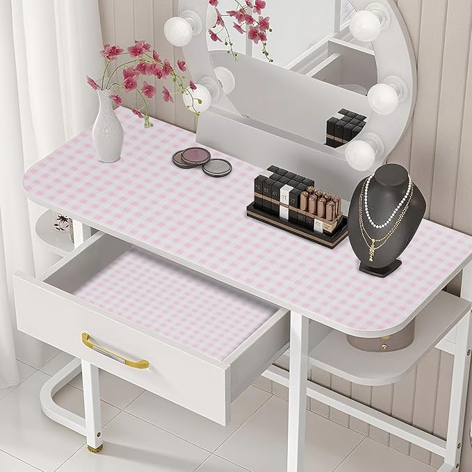 Beautysaid Shelf and Drawer Liner for Kitchen Cabinet, Non Adhesive Non Slip Shelf Paper Waterproof Washable Thickened for Dresser Pantry Shelve Bathroom Protector Liner(Pink Checkered,12 in x 10 FT)