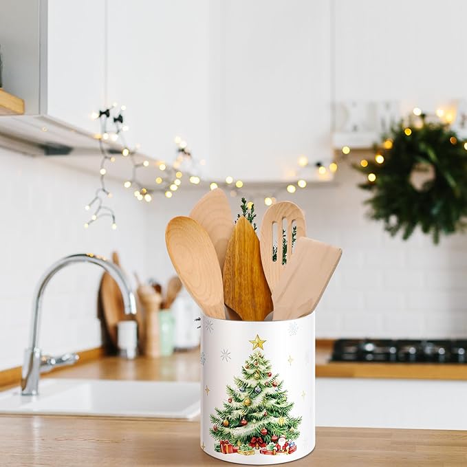 WILLBOND Christmas Tree Kitchen Decor Acrylic Kitchen Utensil Holder Crock Spoon Organizer for Countertop Table Decor Coffee Spoon Holder Jar for Cooking Tools