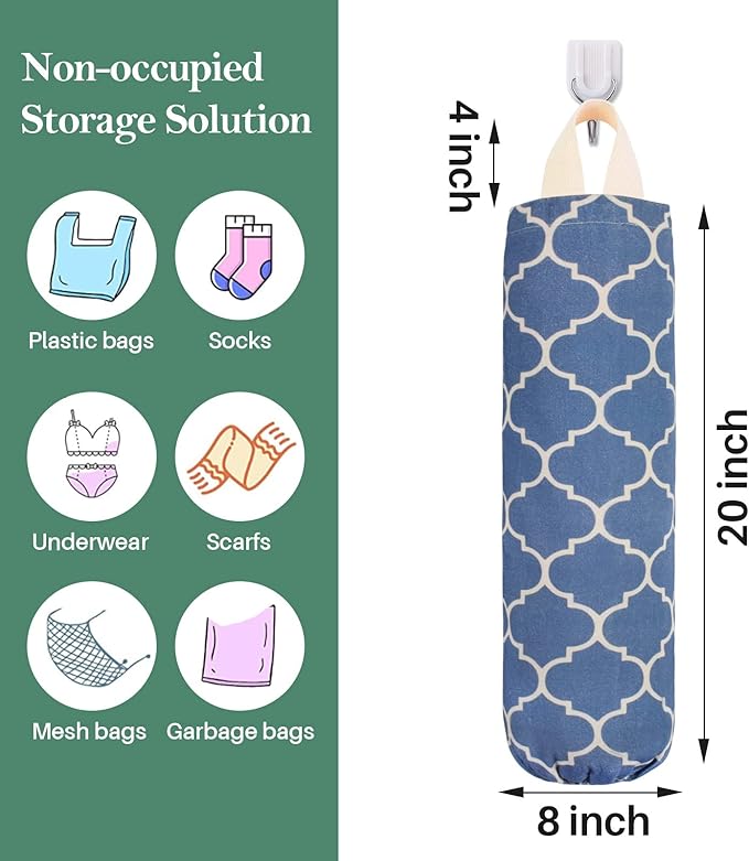 Plastic Bag Holder, Washable Grocery Bag Holder for Plastic Bags, Strong Plastic Bag Storage Dispenser with Hanging Loop, Wall Mount Trash Bag Dispenser for Home Kitchen Cabinet (Navy Blue)