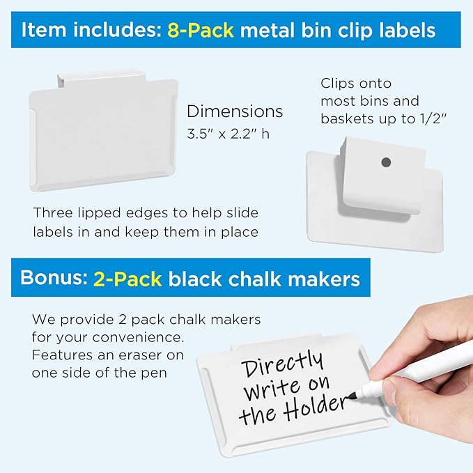 trohestar Metal Pantry Baskets Labels Clip On for Storage Bins | Edge Fold-Cream (Edge Fold-White, 8 Metal Label Clip)