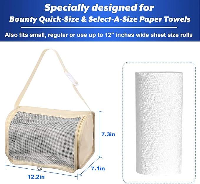 Kitchen Paper Towel Holder, Hanging Paper Towel Dispenser with Transparent Cover, Easy to Tear Papers Waterproof Papers Towels Holder for Kitchen Organization and Storage (Beige)