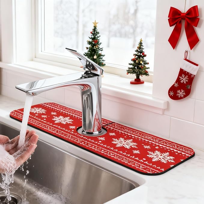 Sink Faucet Mat Red Winter Snowflake Kitchen Splash Guard Absorbent Bathroom Sink Mat Around Faucet 15" x 5.5" Drying Mats Stone Draining Mat