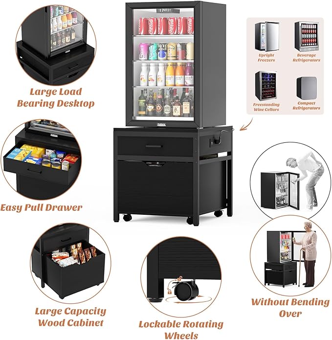 Unikito Mini Fridge Stand with Drawer Storage and Power Outlet, Heavy Duty Mobile Mini Fridge Shelf with Lockable Wheels, Beverage Refrigerator Table Stand, 22.8" L x 21.6" W, Max Load 300 LBS, Black