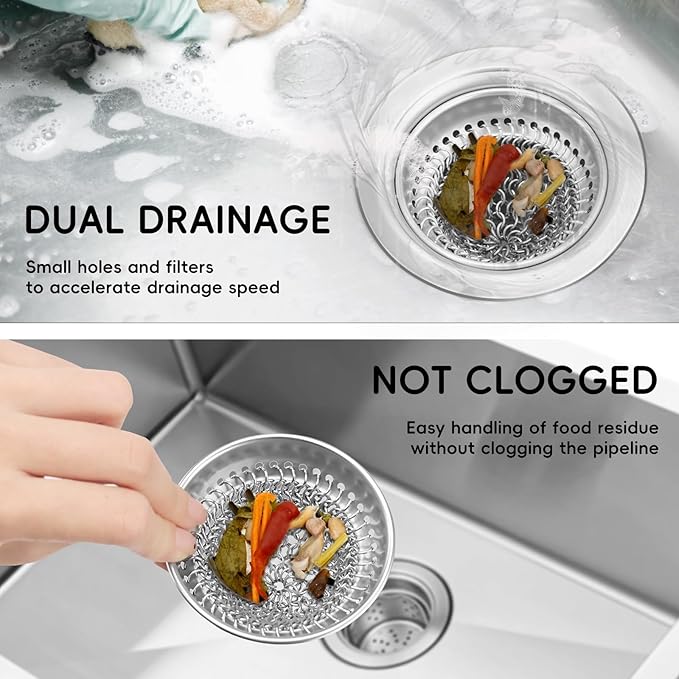 Kitchen Sink Strainer (1-Set Silver): with Adapter, Flexible Insert Chain Mesh Screen. 304 Stainless Steel, Clog-Free Catcher for Universal Sizes (Garbage Disposal)