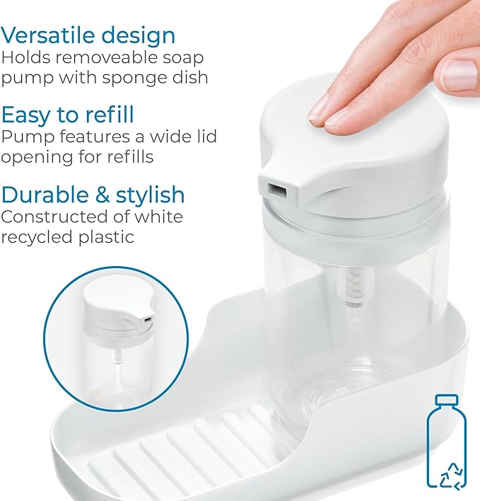 iDesign Recycled Plastic Soap Pump and Tray, Clear & White (Pack of 2)