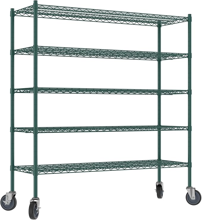 Commercial NSF Listed Green Epoxy Mobile Wire Shelving Kit 18" x 54" x 60", with 5 Shelves Perfect for Warehouse, Walk-in Refrigerator, Freezer, Grocery Store, Restaurant, Dishroom