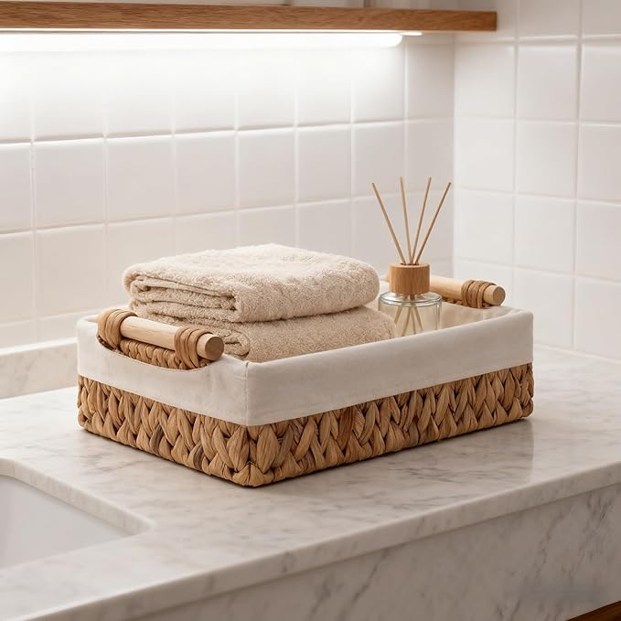 Water Hyacinth Woven Storage Baskets with Wooden Handles, Natural Decorative Organizer Bins with Liner for Bathroom, Countertop, Shelf & Toilet Tank – Set of 2
