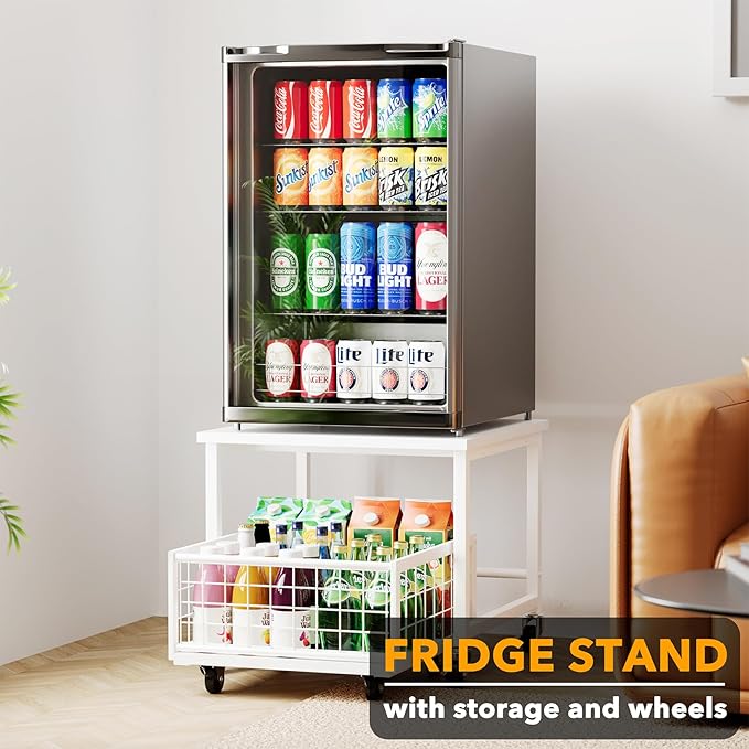 SpaceAid Mini Fridge Stand with Storage, 19.7" W x 19.7" D Heavy Duty Mobile Refrigerator Shelf Stand Table with Wheels, Fridge Cart Organizer with Drawer Basket for Home Dorm Office (White)