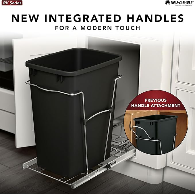 Rev-A-Shelf Pullout Trash Can for Kitchen Cabinets 35 Qt Garbage Waste Recycling Bin with Full Extension Slides, Black, RV-12KD-18C S