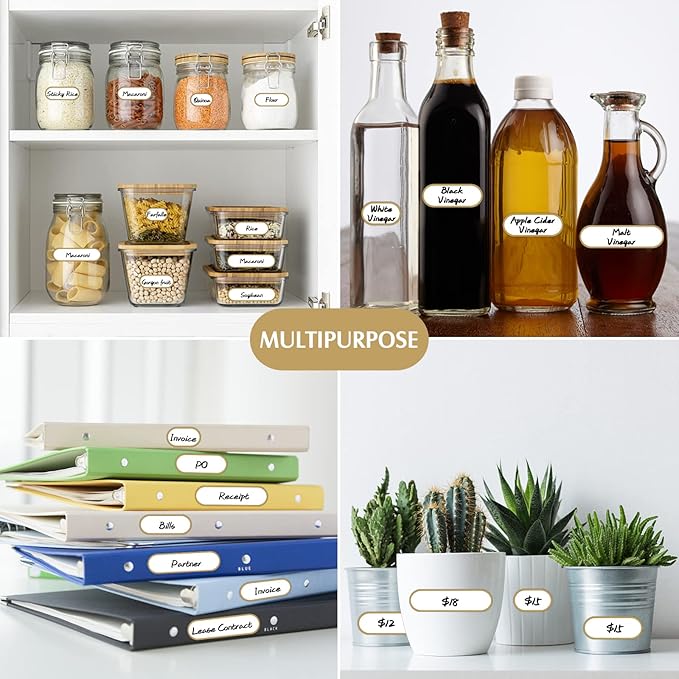Nardo Visgo 192pcs Labels for Jars with Marker,Waterproof Bottle Labels Removable Write-On Kitchen Pantry Label Stickers with Gold Border in 4 Sizes for Spice Jars,Food Containers,Storage Bins,Daycare