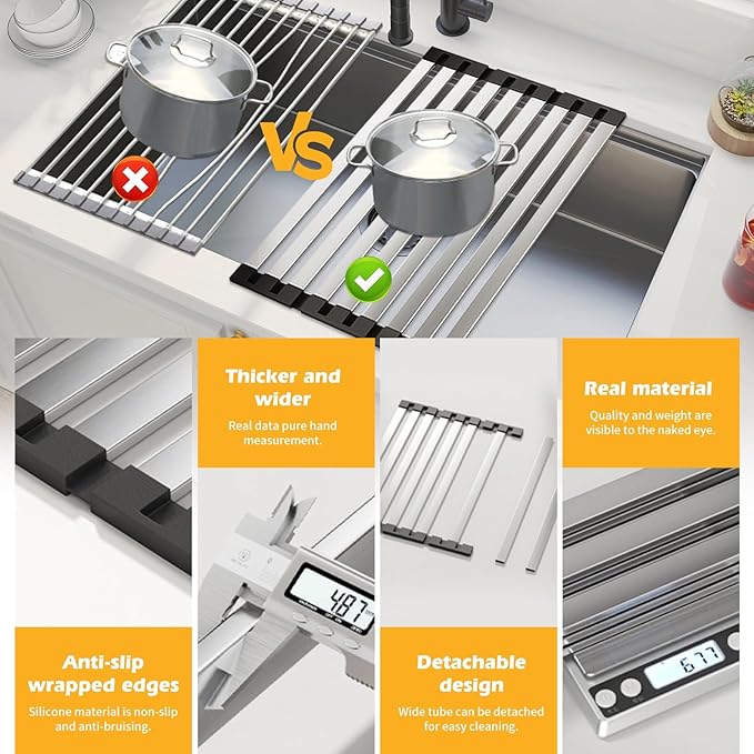13.8"*12.8" Foldable Dish Drying Rack Thickened & Widened Over Sink Dish Drying Rack High-Temperature Resistant Removable Sink Storage Rack 304 Stainless Steel Drainer for Kitchen and Rv sink