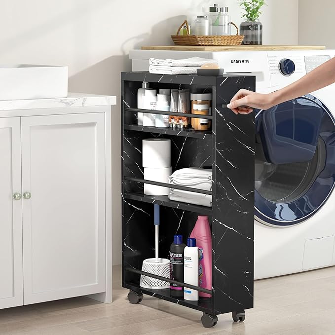 Tribesigns Slim Storage Cart, Rolling Narrow Kitchen Cart on Wheels for Small Place, 4-Tier Slide Out Slim Utility Cart Skinny Laundry Cart with Handle for Kitchen, Bathroom, Laundry (Contemporary)