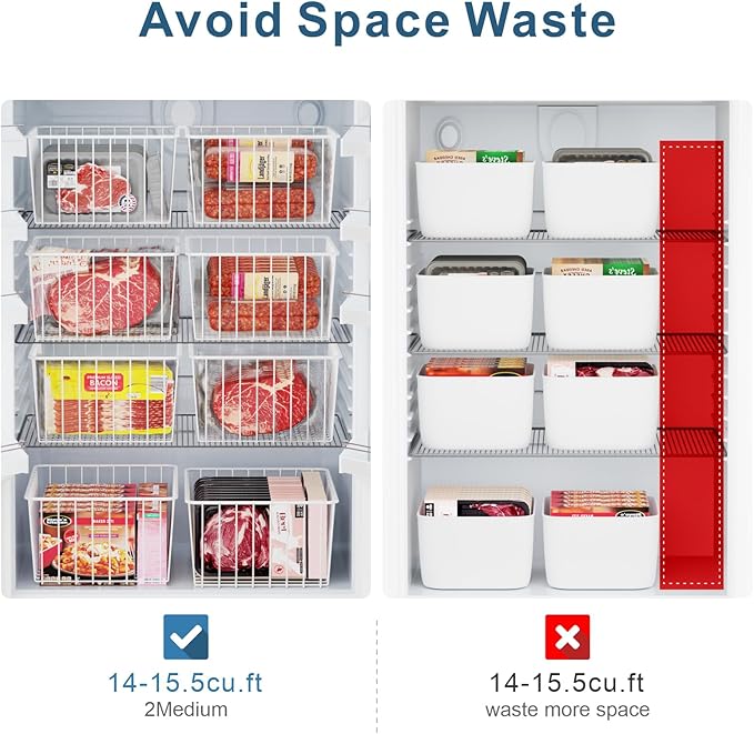 iSPECLE Freezer Organizer Bins - 4 Pack Medium Upright Baskets for 14 to 15.5 cu.ft Stand Up Freezer, Easily Sort and Get Food, Air Circulation Stops Food Sliding Out, White