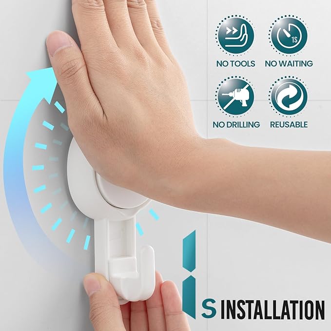 TAILI Suction Towel Hook for Bathroom, Damage-Free Hanging Hooks for Inside Shower Wall, Powerful Vacuum Suction Cup Shower Holder for Towel, Loofah, Cloth, Easy to Install and Remove, White, 4 Pack