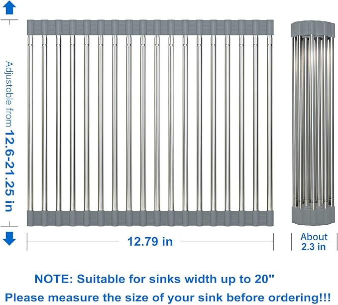 Expandable Large Roll Up Dish Drying Rack 18 Tube 21.25x12.79''Collapsible Over The Sink Rack Non-Slip Silicone Rolling Dish Drainer Stainless Steel Roll Rack for Kitchen Sink Counter (Gray)