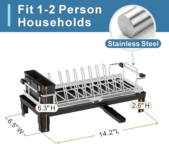 GSlife Small Dish Drying Rack for Counter or Over Sink, Stainless Steel Expandable Dish Drainer with Drain Board and 360° Swivel Drain Spout, Compact for RV, Camper, 1-2 People, Narrow 6.5" W, Silver