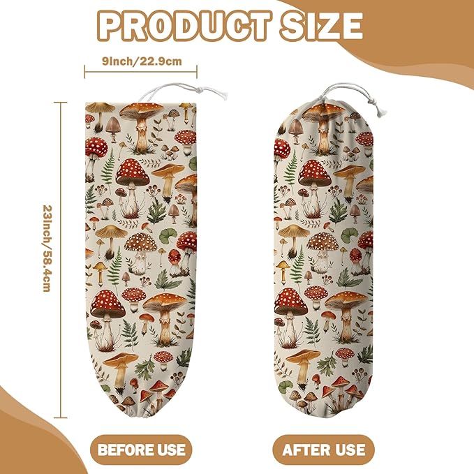 Plastic Bag Holder, Grocery Bag Organizer Storage, Kitchen Dispenser Holders Reusable Shopping with Adjustment Drawstring Closure for Kitchen Farmhouse Decor, Mushroom