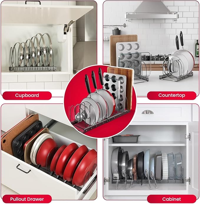 Better Things Home BTH 12-Slot Adjustable Pan and Pot Lid Organizer with Scratch-Free Pads, Expandable Pot Lid Holder Rack for Cabinet, Pots and Pans Organizer Inside Cabinet