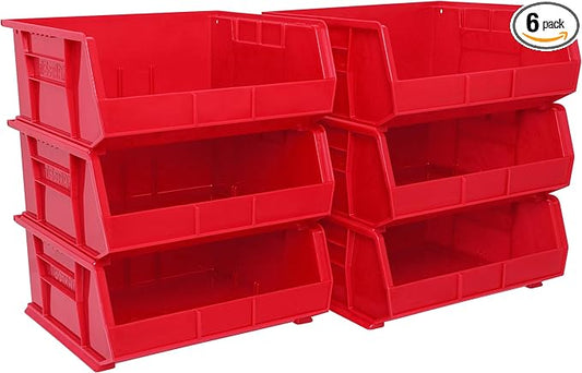 Akro-Mils 30250 AkroBins Plastic Storage Bins, Space-Saving Stackable Bins for Garage, Pantry, Craft Organization, 15-Inch x 16-Inch x 7-Inch, Red, 6-Pack