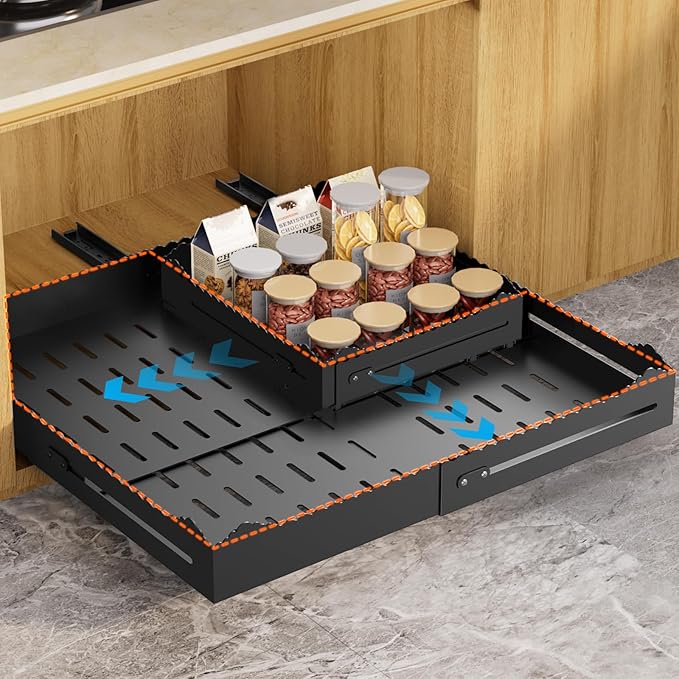 Pull Out Cabinet Organizer 1PCS,4-Way Width (11"-18") and Depth (13"-24") Expandable Pull Out Drawers for Cabinets – One Size Fits Most! No Drill, Heavy-Duty Metal Organizer for Pantry, Kitchen Black