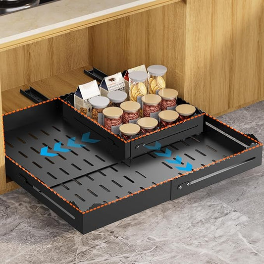 Pull Out Cabinet Organizer 1PCS,4-Way Width (11"-18") and Depth (13"-24") Expandable Pull Out Drawers for Cabinets – One Size Fits Most! No Drill, Heavy-Duty Metal Organizer for Pantry, Kitchen Black