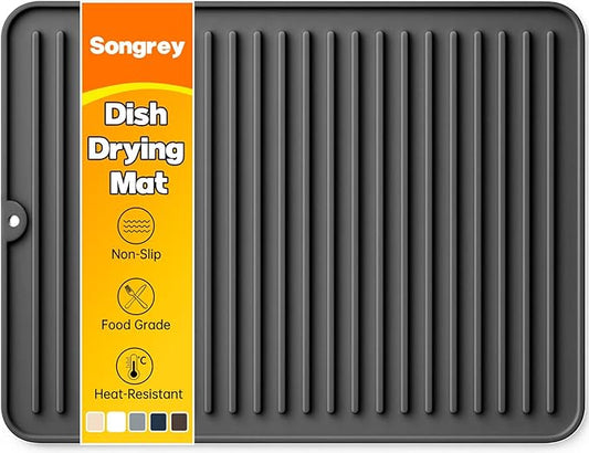 Songrey 16" x 12" Silicone Dish Drying Mat, Kitchen Counter Drying Pad for Sink Dishes or Under Rack, Multi-Use as Heat Resistant Trivet, Coffee Bar Mat