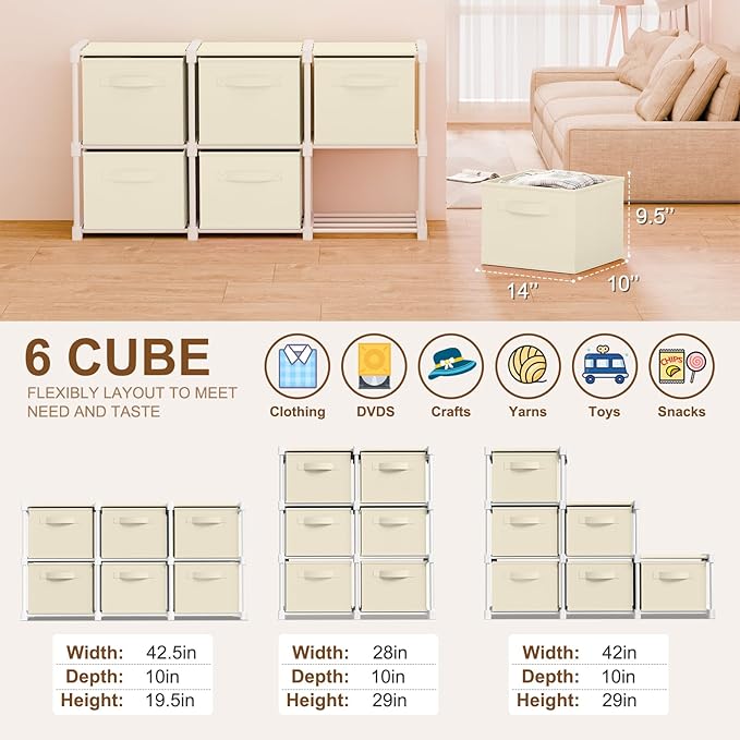 Thyle Large Cube Storage Organizer Shelf with 6 Bins 14 Inch Fabric Collapsible Cubby Storage Drawers Shelving Unit for Christmas Ornaments Clothes Toys Craft(Beige,Minimalist)