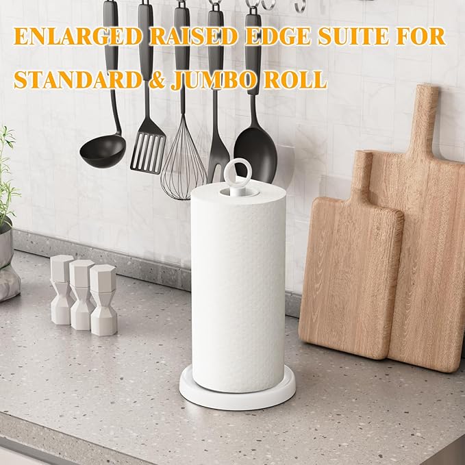 White Paper Towel Holder Countertop, White Kitchen Accessories Decor, One-Handed Tear, Stainless Steel, Weighted Base, Paper Towel Holder Stand with Ratchet System for Kitchen Farmhouse Essentials