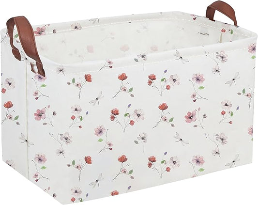 Sanjiaofeng Rectangular Kids Basket Flower Storage Bins,Girls Storage Basket with Handles.Clothers,Books,Kid's Gifts Bins. (Dried flower)