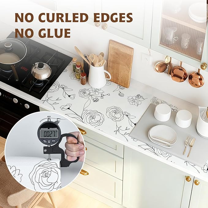 Shelf Liners for Kitchen Cabinets 12in x 20FT Non Adhesive Drawer Liner Black and White Floral Thickened Shelf Liner Paper Strong Non-Slip Easy to Clean for Tool Box with Knife and Tape Measure