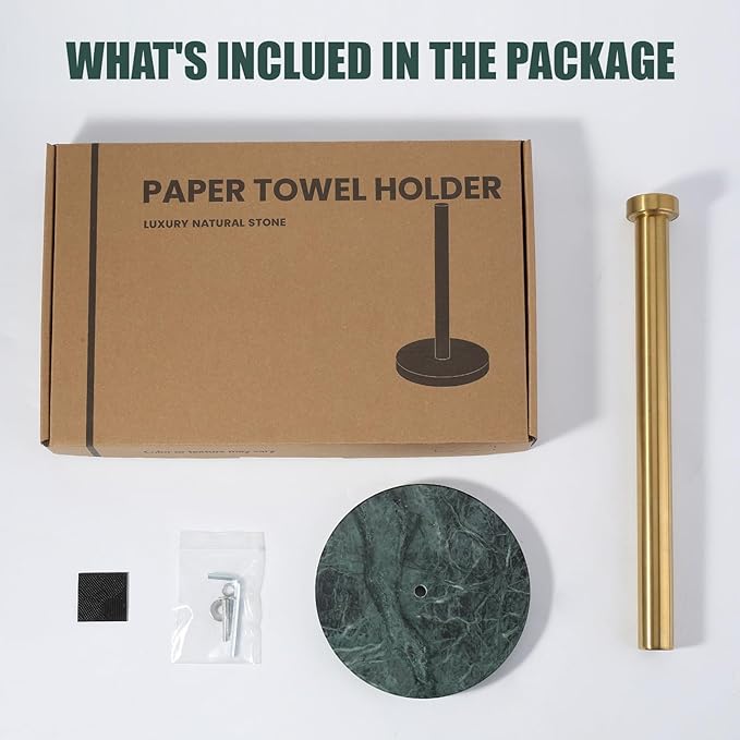 Koville Paper Towel Holder Countertop, Standing Paper Roll Holder with 6" Weighted Marble Base, Stone Paper Towel Holder with Gold Stainless Steel Rod for Kitchen Bathroom (Green)