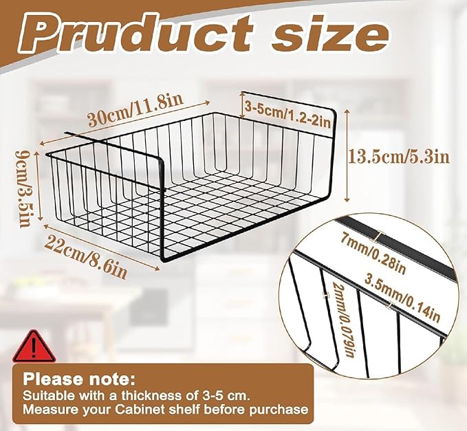 2 Pack Under Shelf Storage Baskets Organizer for Kitchen Pantry Cupboard Dorm Room Closet Bookshelf 11.8 x 8.6 x 5.3 Inch